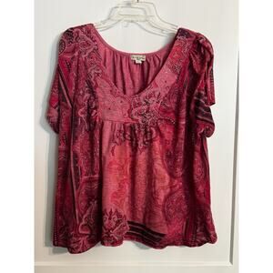 Live & Let Live Womens Tunic Blouse Top Size 2X Red Boho Studded Embellished